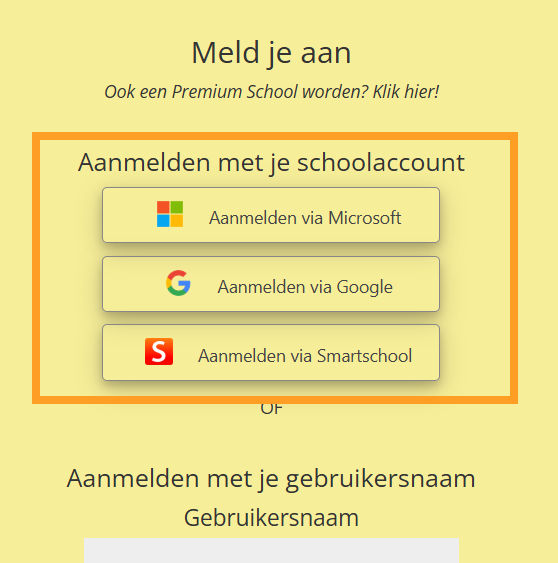 Aanmeldscherm informaticalessen met SSO-koppeling naar Smartschool, Google of Microsoft.